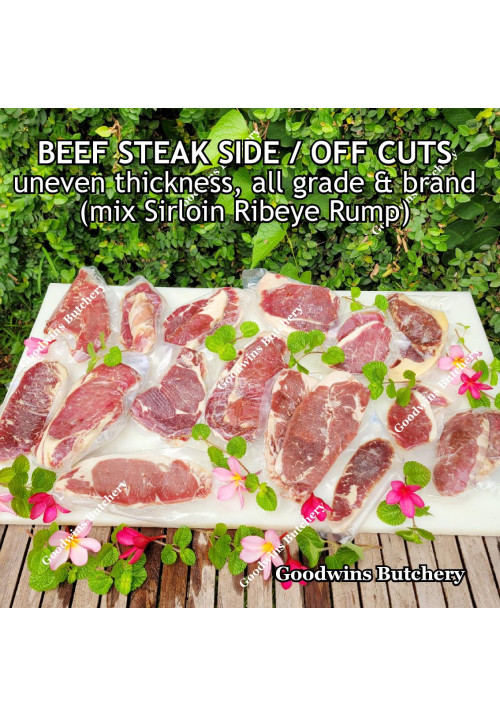 Beef all grade & brand STEAK SIDE CUTS uneven thickness mix of sirloin ribeye rump frozen price/pack 500gr